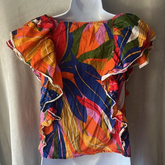 Marc New York Ruffled Short Sleeve Colorful Tropical Top Size Small - Picture 2 of 14